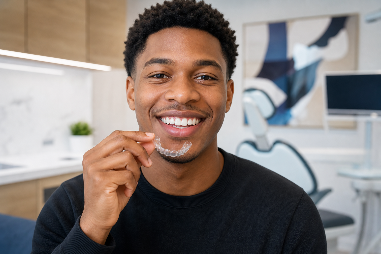 An African American patient holding a clear dental aligner