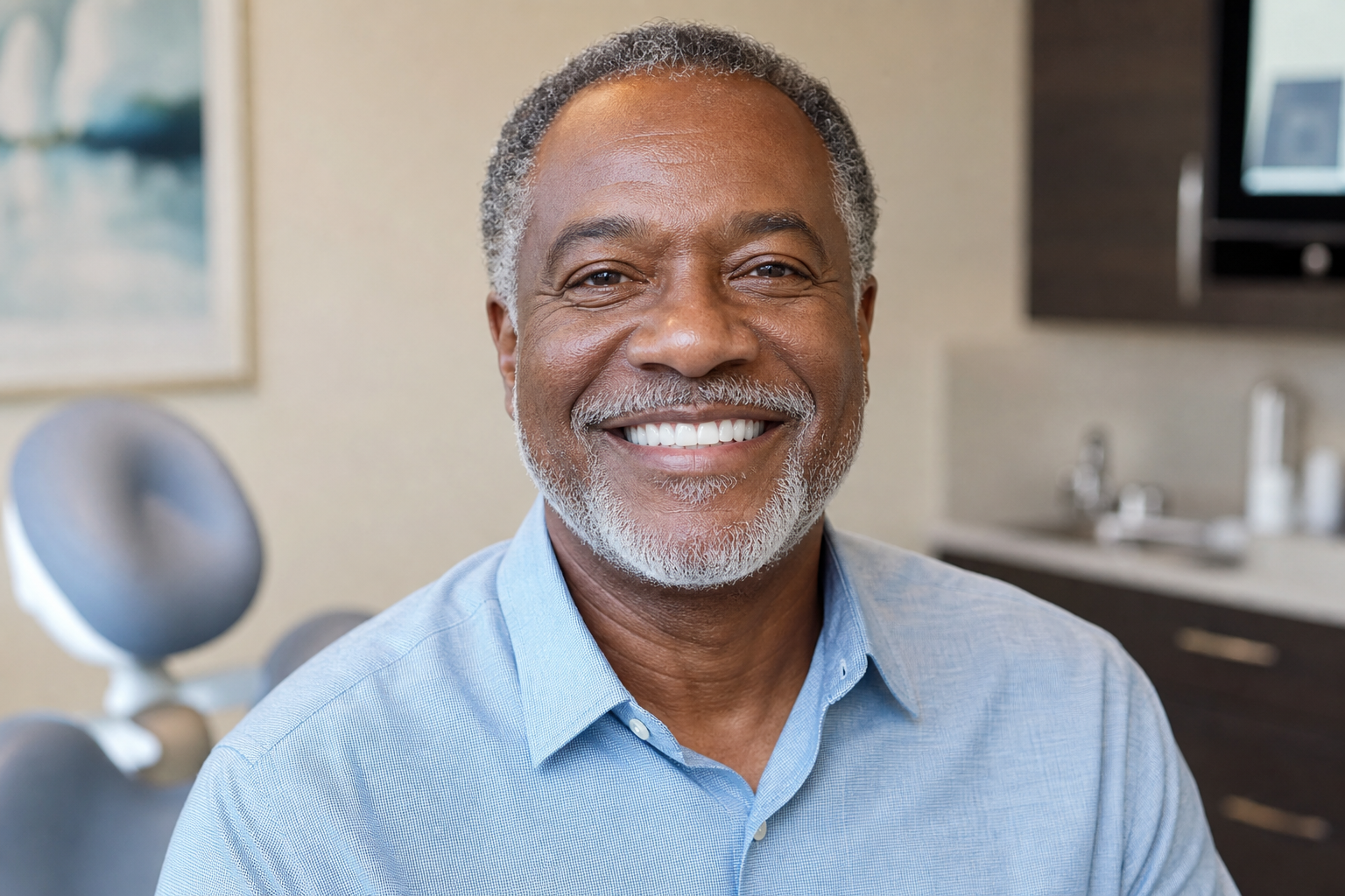 An older African American patient smiling after full-arch care