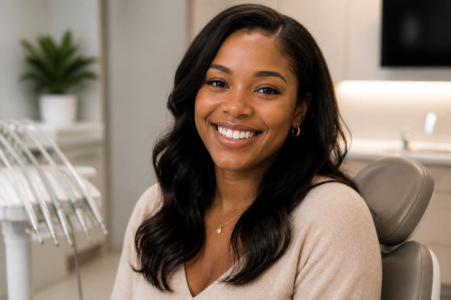 An African American patient smiling after cosmetic dentistry