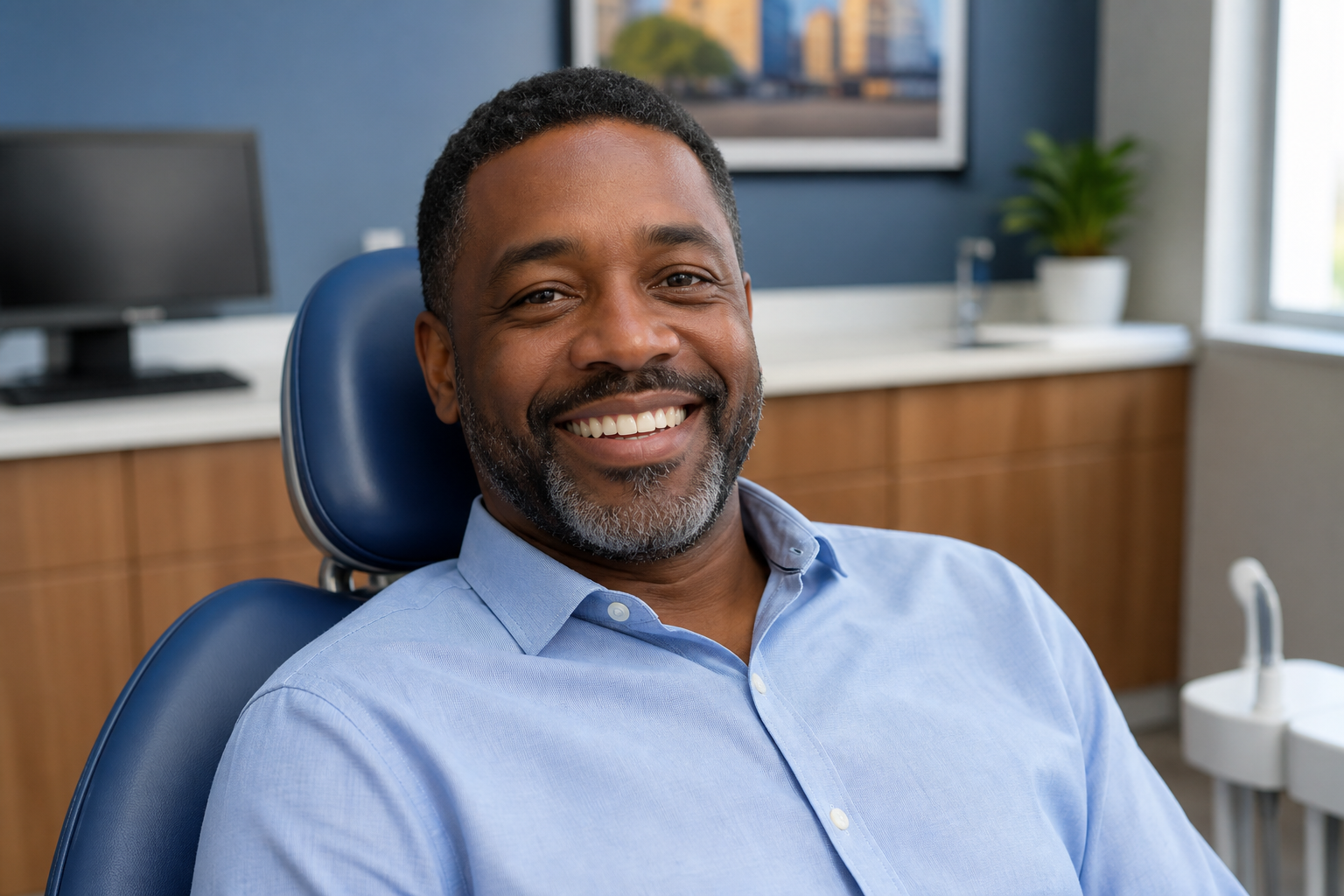 An African American patient smiling after restorative crown treatment