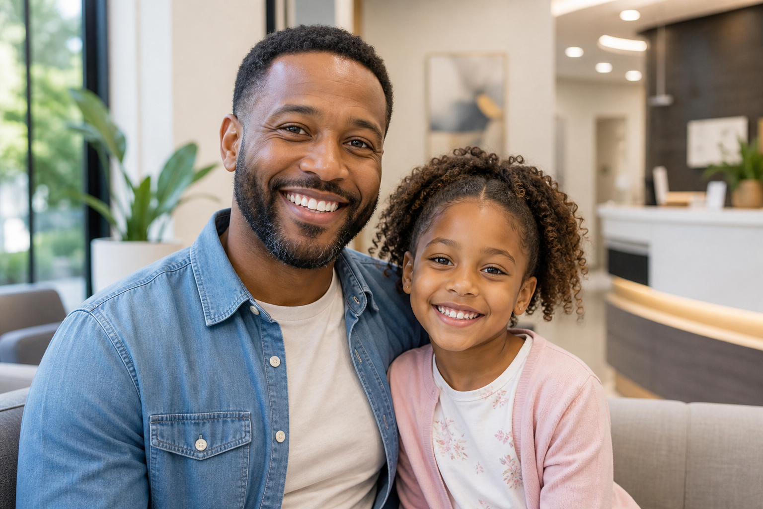 An African American father and daughter after general dental care