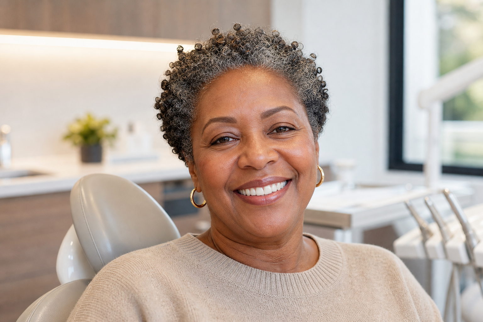 An African American patient smiling after implant treatment