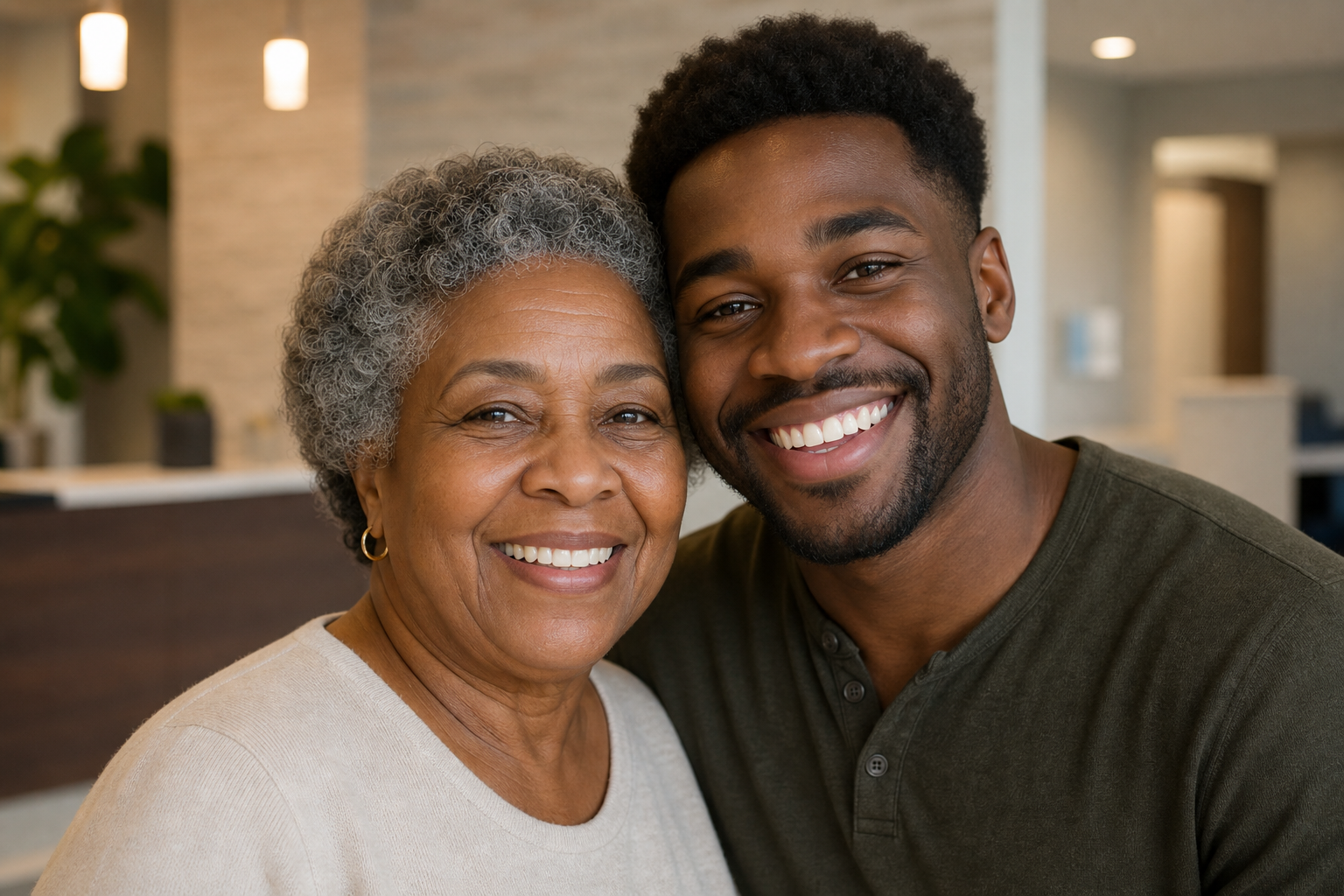 An African American grandmother and grandson smiling together
