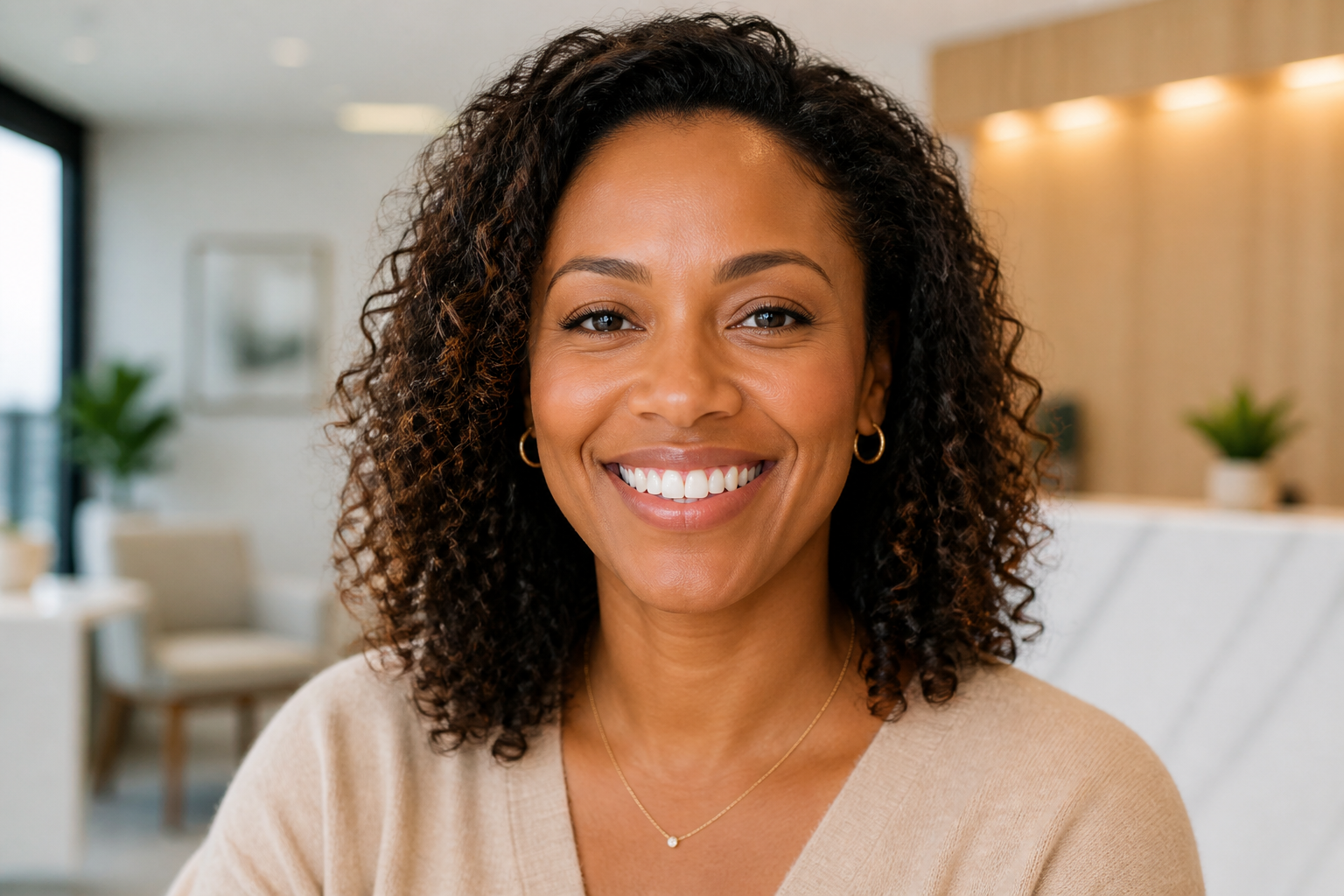 An African American patient smiling after professional whitening